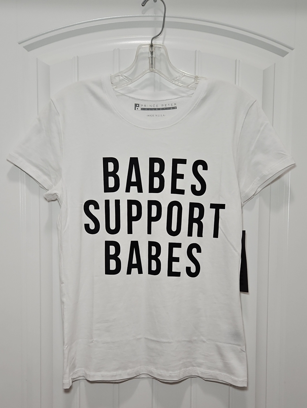Prince Peter Collection White Tee Black Logo Print Babes Support Babes New XS